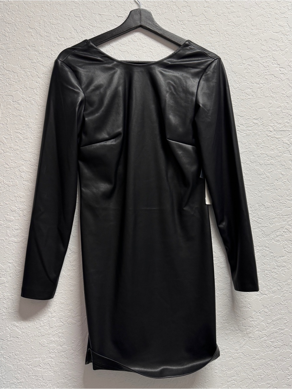 Aqua Black Long Sleeve Faux Leather Shift Dress